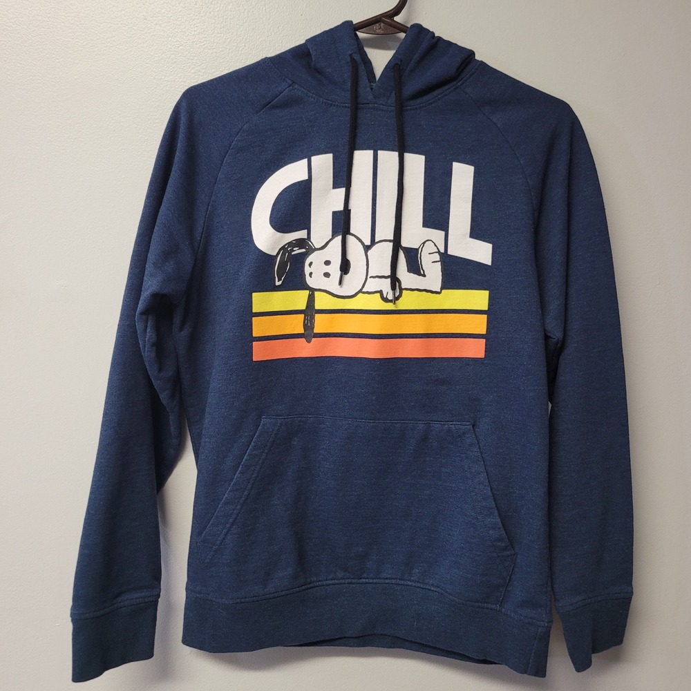 Peanuts Snoopy Chill Hoodie Blue Mens Small Graphic Retro‎ Stripe Pullover